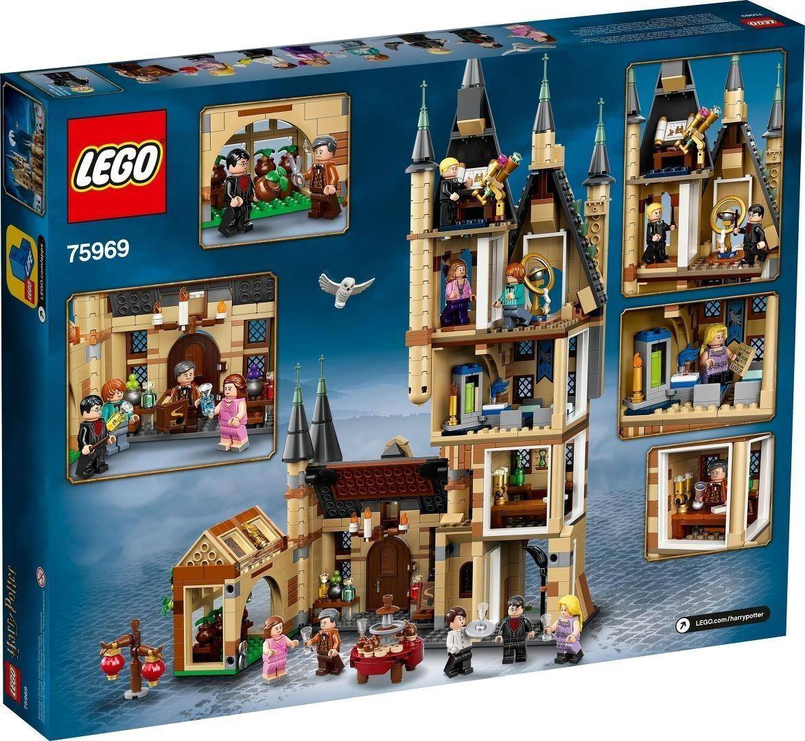 LEGO Harry Potter Hogwarts Astronomieturm-Set 75969 Schachtelkunst, das den Schlossturm und Minifiguren in mehreren Spielszenen zeigt.