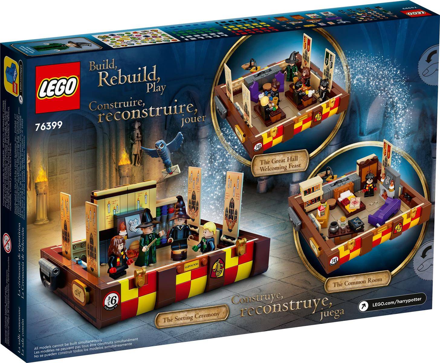 LEGO Harry Potter Set Box mit den Bauszenen 'Die Zeremonie der Häuserzuteilung', 'Das Willkommensessen in der Großen Halle' und 'Der Gemeinschaftsraum'.