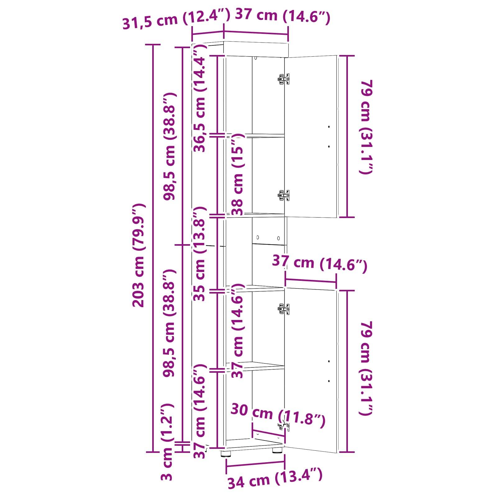 Hoher weißer Schrank mit drei Türen und Regalen, mit Maßangaben versehen: Höhe 203 cm (79,9 Zoll), Breite 37 cm (14,6 Zoll).