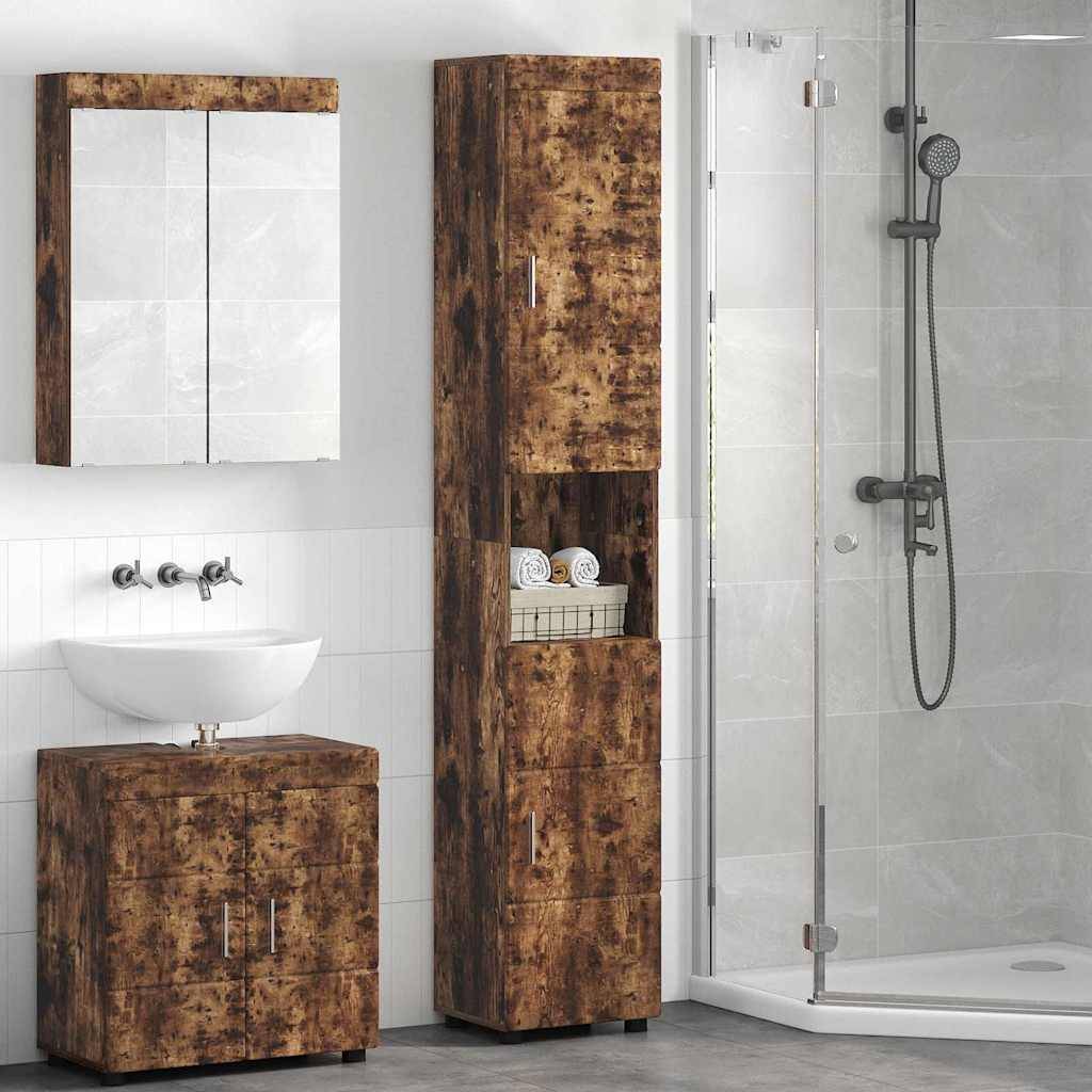 Ein modernes Badezimmer mit einer Dusche rechts, einem Holz-Waschtischunterschrank mit Waschbecken, einem wandmontiertem Spiegelschrank und einem hohen Aufbewahrungsschrank.
