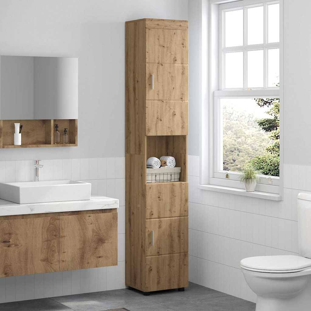 Modernes Badezimmer mit Holzschränken, einem wandmontierten Waschbecken, einem hohen Aufbewahrungsschrank, einem breiten Spiegel und einem Fenster mit natürlichem Licht.
