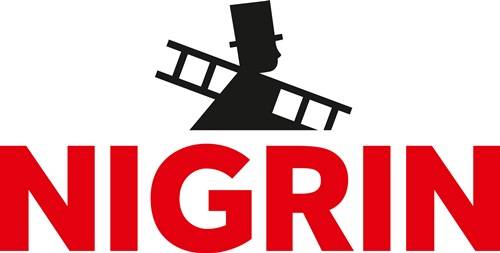 Ein stilisiertes Logo mit einer Silhouette, die einen Zylinder trägt und eine Leiter unter dem Arm hält, über fetten roten Buchstaben, die 'GR' buchstabieren.