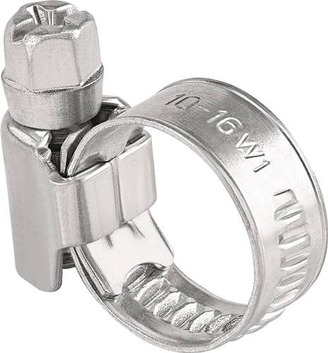 Eine Metallschlauchschelle mit einer Spannschraube, gekennzeichnet mit '10-16 W1', zum Befestigen von Schläuchen oder Rohren, auf einem weißen Hintergrund dargestellt.