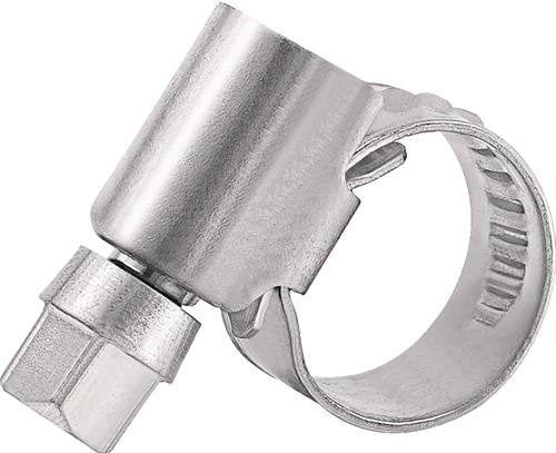 Eine Metallschlauchschelle mit Schneckenantriebsmechanismus, die zur Befestigung von Schläuchen an Rohrleitungsanschlüssen verwendet wird, in einer Nahaufnahme dargestellt.
