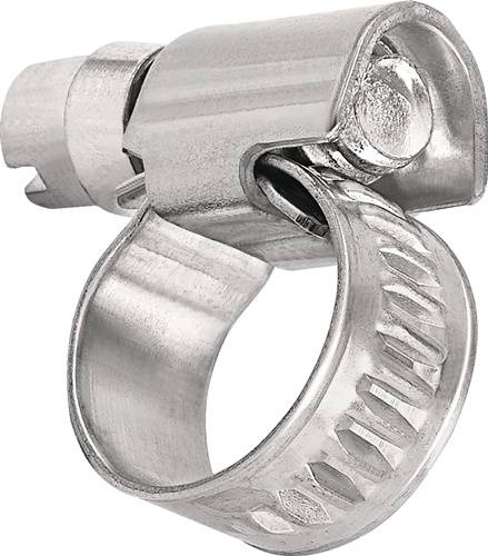 Eine Metallschlauchschelle mit einem gerippten Band und einem Schraubmechanismus, die dazu dient, Schläuche auf Anschlüsse zu befestigen.