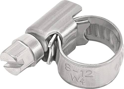 Eine Nahaufnahme einer Metallschlauchschelle mit einem Schraubmechanismus, gekennzeichnet mit '8-12 W4', die zur Befestigung von Schlauchanschlüssen in mechanischen Systemen verwendet wird.