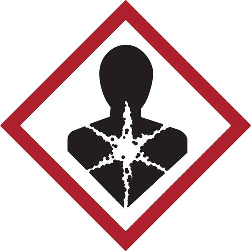 Eine schwarze Silhouette eines Menschen mit einem Sternburst auf der Brust innerhalb eines roten Diamantbegrenzungsrahmens, die eine Gesundheitsgefahrenwarnung anzeigt.