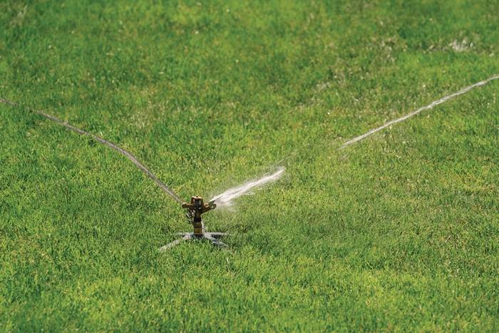 Eine Sprinkleranlage versprüht Wasser über einen üppigen, grünen Rasen an einem sonnigen Tag.