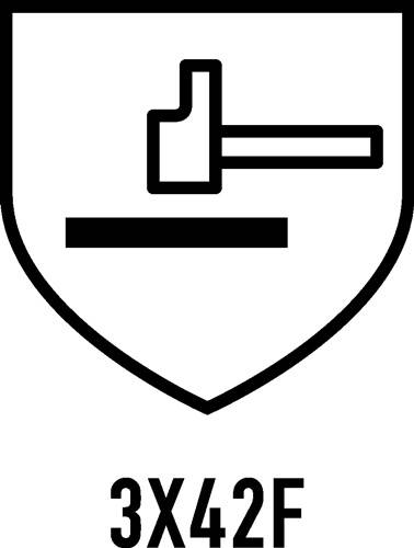 Ein Wappenschild mit einem Hammer über einer horizontalen Linie, der Stärke und Schutz symbolisiert.