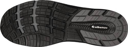 Das Bild zeigt das Profilmuster der Sohle eines Sneakers mit rechteckigen und geschwungenen Rillen, die für Traktion und Flexibilität entwickelt wurden.