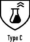 Ein schwarz-weißes Schutzsymbol mit einem Laborkolben in der Mitte und einem Schraubenschlüssel-Icon darüber, was Schutz oder Sicherheit in einem technischen Kontext andeutet.