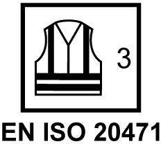 EN ISO 20471' mit Symbol einer reflektierenden Sicherheitsweste mit der Nummer '3', die die Einhaltung der Sichtbarkeitssicherheitsstufe anzeigt.