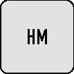 Quadratischer Knopf mit den Buchstaben 'HM' in der Mitte, auf grauem Hintergrund.