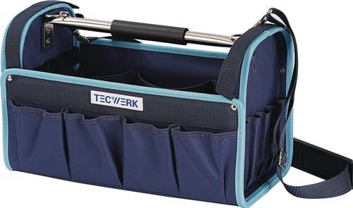 Eine blaue Werkzeugtasche mit mehreren Taschen und einem Griff, mit der Markenbezeichnung 'TECWERK', die zum Organisieren und Transportieren von Werkzeugen verwendet wird.