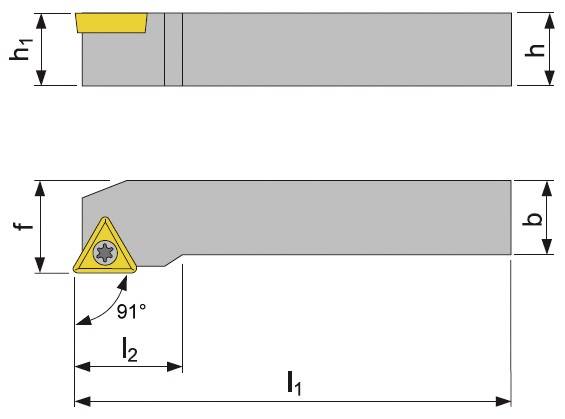 Drehmeißel-Diagramm mit Seiten- und Draufsicht. Hebt die Spitze des Werkzeugs mit beschrifteten Winkeln und Dimensionen l1 und l2 hervor.