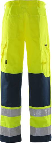Strahlend gelbe Hose mit dunklen, verstärkten Knien und mehreren Taschen, die für Nutzbarkeit oder Arbeitsgebrauch konzipiert sind.