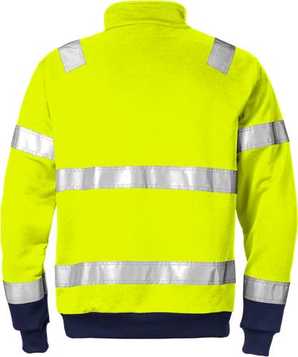 Eine leuchtend gelbe Sicherheitsweste mit silbernen Reflektorstreifen auf dem Rücken, die typischerweise zur Sichtbarkeit bei schlechten Lichtverhältnissen verwendet wird.