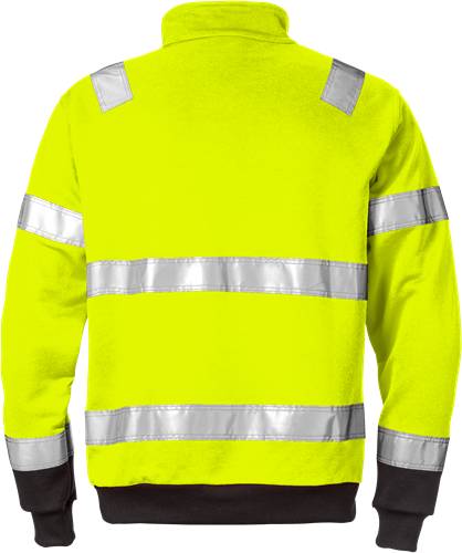 Eine hellgelbe Jacke mit reflektierenden silbernen Bändern an den Schultern, Ärmeln und der Taille, die häufig zur Sicherheitsvisibilität verwendet wird.