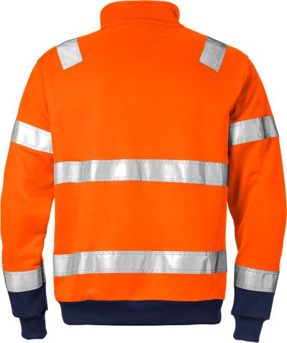 Eine helle orangefarbene Sicherheitsjacke mit reflektierenden silbernen Streifen an den Ärmeln und am Körper, die für hohe Sichtbarkeit konzipiert ist.