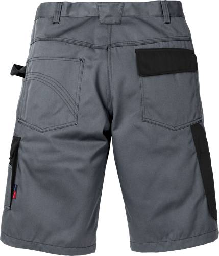 Das Bild zeigt die Rückansicht von grauen Arbeitshosen mit mehreren Taschen und verstärkten Nähten, die für Langlebigkeit und Funktionalität konzipiert sind.