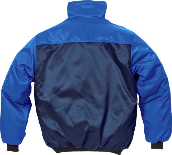 Eine blau-schwarze Jacke mit hohem Kragen und voluminösen Ärmeln wird vor einem schwarzen Hintergrund von hinten gezeigt.