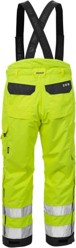 Helle gelbe Hose mit seitlicher Taschenverzierung und schwarzen Einsätzen an der Taille.