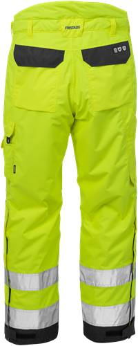 Helle gelbe Hose mit weitem Schnitt, versehen mit seitlichen Taschen und sichtbaren Nähten entlang der Nähte.