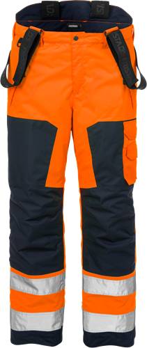 Orange und schwarze Arbeitshose mit seitlichen Taschen, geeignet für Außen- oder Bauarbeiten.