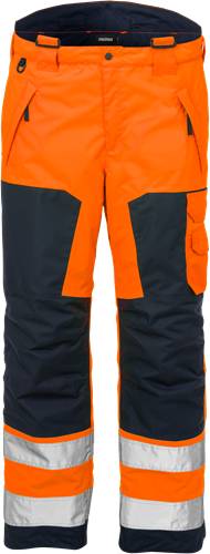 Das Bild zeigt ein Paar orange und dunkelgraue Hosen mit seitlichen Taschen, die für Outdoor- oder arbeitsbezogene Aktivitäten konzipiert sind.