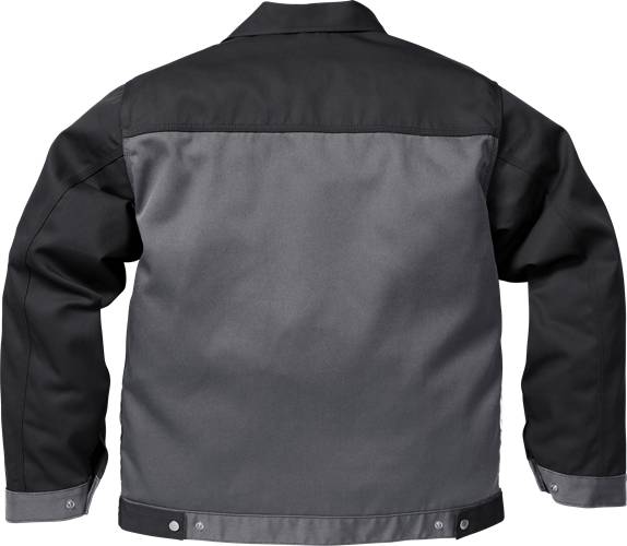 Das Bild zeigt die Rückansicht einer zweifarbigen Jacke in Schwarz und Grau. Die Jacke hat einen hohen Kragen und Druckknopfverschlüsse.