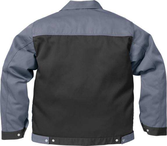 Eine zweifarbige Arbeitsjacke, dunkelgrau mit hellgrauen Ärmeln, von hinten betrachtet, mit Knöpfen an den Manschetten und der Taille.