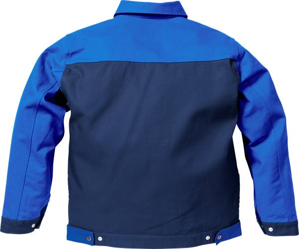Die Abbildung zeigt eine Rückenansicht einer blauen Jacke mit einem dunkleren blauen Schulterbereich und Ärmeln, die Knopfdetails an den Manschetten aufweist.