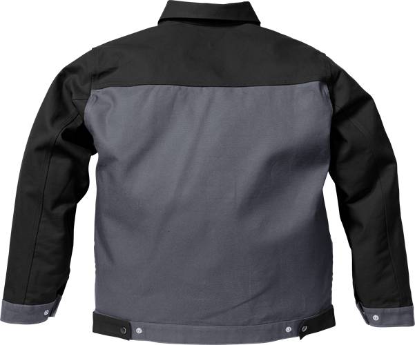 Eine graue und schwarze Jacke, von hinten gezeigt, mit kontrastierenden Schulterpanels und Knopfdetails am Saum.