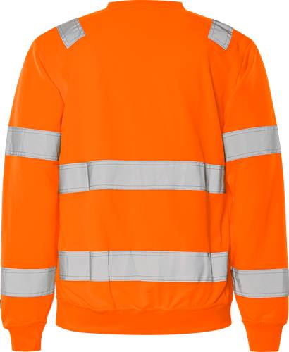Eine helle orangefarbene Warnweste mit reflektierenden horizontalen Streifen. Die Weste wird von hinten gezeigt.