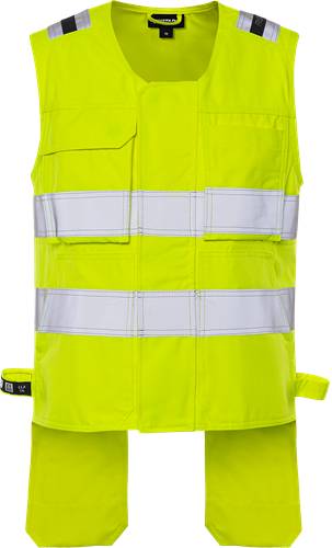 Leuchtend gelbe Sicherheitsweste mit reflektierenden silbernen Streifen über Brust und Taille, entwickelt für hohe Sichtbarkeit bei schlechten Lichtverhältnissen.