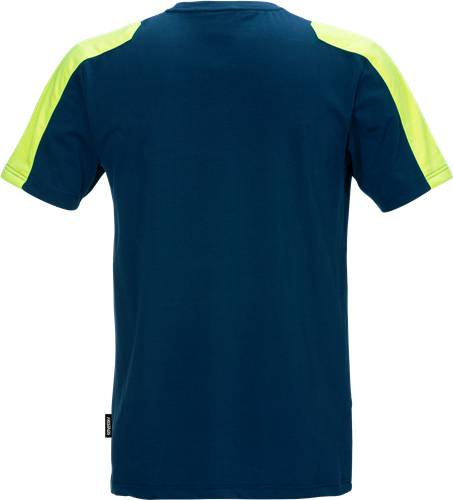 Ein marineblau-farbenes T-Shirt mit leuchtend gelben Schulterstreifen wird von hinten gezeigt, wobei sein einfaches und sportliches Design hervorgehoben wird.