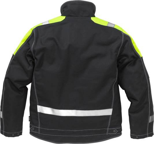 Eine schwarz-gelbe Jacke mit reflektierenden Streifen auf den Schultern und dem Rücken zur Gewährleistung hoher Sichtbarkeit, speziell für Sicherheitszwecke konzipiert.