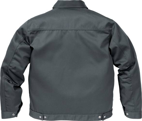 Eine graue Jacke von hinten betrachtet, mit einem Kragen, langen Ärmeln und Knopfdetails am unteren Rand.