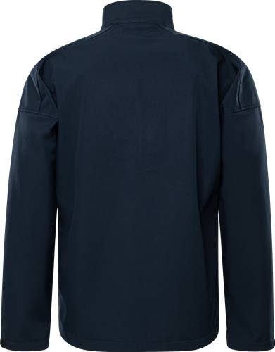 Eine dunkelblaue Jacke von hinten betrachtet, die die Schultern und Ärmel zeigt; keine sichtbaren Logos oder Designs.