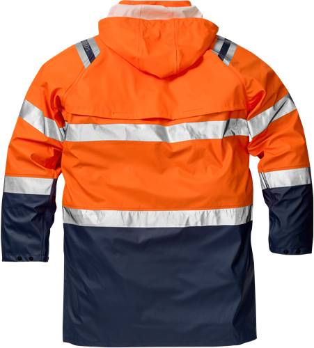 Eine hellorange und marineblau-farbene Sicherheitsjacke mit reflektierenden Streifen, die für hohe Sichtbarkeit unter schlechten Lichtverhältnissen konzipiert ist.
