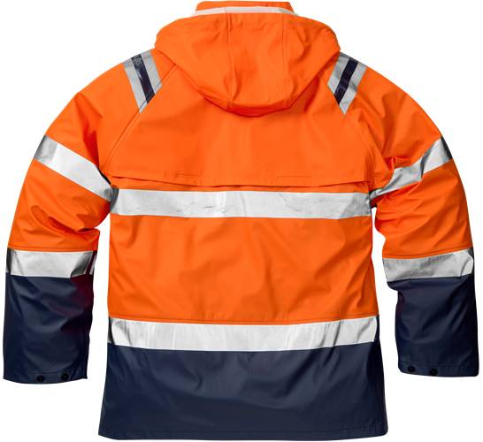Das Bild zeigt die Rückansicht einer orange-marineblauen Warnschutzjacke mit reflektierenden Streifen, ausgestattet mit einer Kapuze und langen Ärmeln.