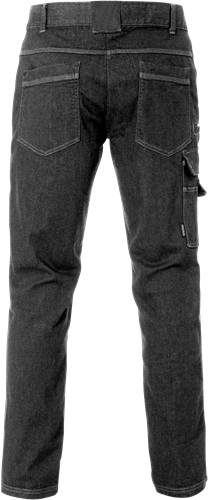 Ein Paar dunkle Jeans mit sichtbaren Vordertaschen und einer Gürtelschlaufe, präsentiert vor einem schwarzen Hintergrund.