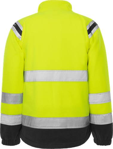 Eine neongelbe Sicherheitsjacke mit reflektierenden grauen Streifen an den Ärmeln und über den Rücken, entwickelt zur Erhöhung der Sichtbarkeit.