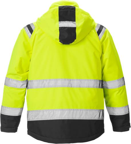 Eine leuchtend gelbe Warnschutzjacke mit silbernen Reflektorstreifen, ausgestattet mit einer Kapuze und schwarzen Akzenten, von hinten gezeigt.