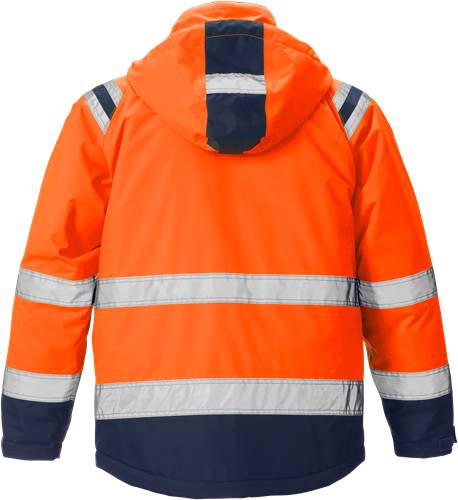 Eine hellorange Warnschutzjacke mit reflektierenden Bändern und einer Kapuze, entwickelt für die Sicherheit bei schlechten Sichtbarkeitsbedingungen.