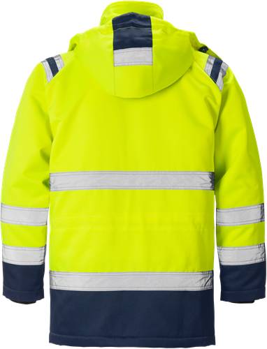 Eine leuchtend gelbe Jacke mit reflektierenden silbernen Streifen, die für hohe Sichtbarkeit und Sicherheit konzipiert ist, von hinten gesehen.