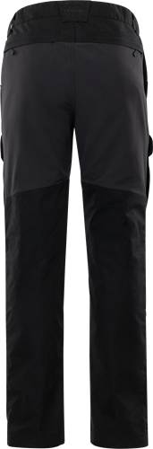 Eine Nahaufnahme einer schwarzen Hose, die zwei verschiedene Stofftexturen zeigt, mit dunklerer Stoffbeschaffenheit an den Beinen und hellerer Stoffbeschaffenheit im oberen Bereich.