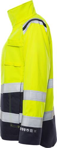 Eine leuchtend gelbe Sicherheitsweste mit reflektierenden grauen Bändern um die Arme und die Taille, konzipiert für hohe Sichtbarkeit in Arbeitsumgebungen.