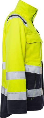 Eine leuchtend gelbe Sicherheitsjacke mit reflektierenden grauen Streifen, entwickelt für hohe Sichtbarkeit bei schlechten Lichtverhältnissen.