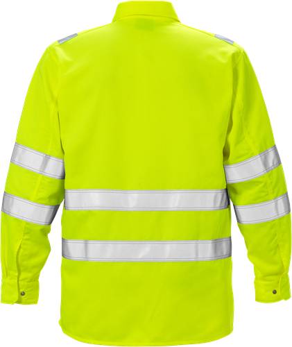 Eine hellgelbe Sicherheitsjacke mit reflektierenden silbernen Streifen an den Ärmeln und am Rücken, die für maximale Sichtbarkeit entwickelt wurde.